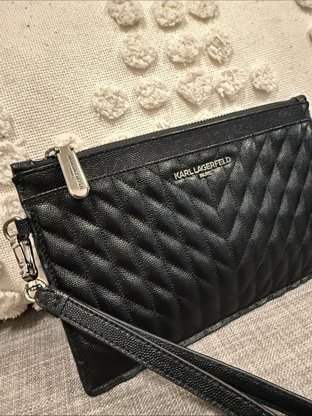 Karl Lagerfeld Black Quilted Leather Wristlet Clutch with Detachable Strap